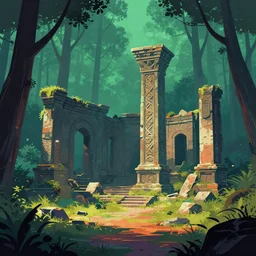 ancient ruins in a forest,retrowave art,trending on art station