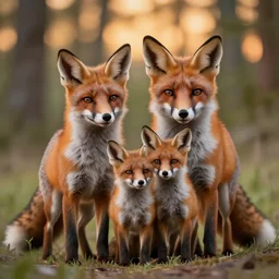 ultradetailed portrait of a fox family in a forrest, sunset