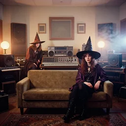 award - winning colour portrait of occult dadcore wizards and momcore witches in a bedroom recording studio, 2 8 mm, fujifilm velvia 5 0, 1 9 6 0 s room, 1 9 6 0 s couch, retro synthesisers, retro hi - fi gear, retro audio recording gear, square picture frames, haze, shining lamps, smoke, fog