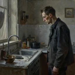 dark oil realistic painting of a gaunt man looking at a communist soviet kitchen