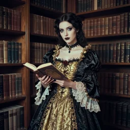 lomography, full body portrait photo of women like reol holding a costume ball in a library, open books wearing an ornate gothic dress and choker, moody, realistic, dark, skin tinted a warm tone, light blue filter, hdr, rounded eyes, detailed facial features, gold black