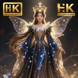 hyperrealist cg of a fairy girl emperorit is decorated with long robes that fall like stars and wears a huge crown. fantasy art, photo realistic, dynamic lighting, artstation, poster, volumetric lighting, very detailed faces, 4 k, award winning, blender