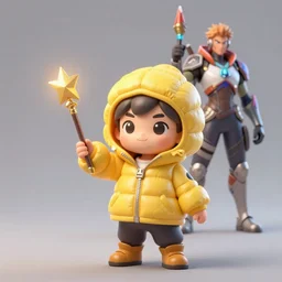 a tiny combat kid wearing a puffy yellow jacket and a wizard wand, smooth, intricate, elegant, digital painting, artstation, concept art, sharp focus, octane render, illustration, art by ayami kojima, overwatch character,