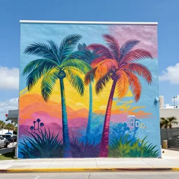 rainbow palms in daytona beach as graffiti mural by lee, masterpiece, trending on artstation
