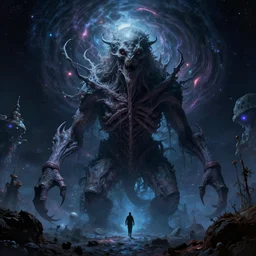 a lovecraftian cosmic horor, deep space, gigantic creature, highly detailed digital psychedelic art