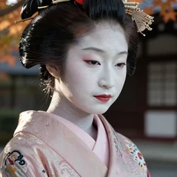 Geisha extreme closeup photo portrait, beautiful pale makeup, pearlescent skin, elegant pose, very detailed, highly detailed kimono, photorealism, sharp focus, photorealism, soft diffuse autumn lights, some sunlight ray, dark room wall, canon 5D 50 mm lens, zen temple background