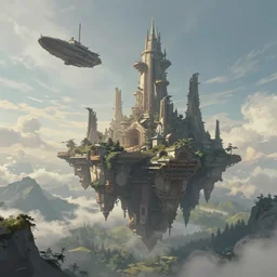 low fantasy, landscape an ancient floating city in the sky and an sky - ship flying towards it andreas rocha