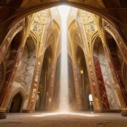 interior of a futuristic lotus temple with gold, red and white marble panels, shafts of sunlight in the centre, in the desert, by h r giger, intricate contemporary architecture with art nouveau motifs, photo journalism, photography, cinematic, national geographic photoshoot
