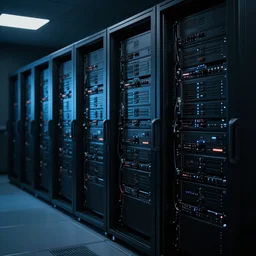 dark server room with a lot of computers, blade runner, highly detailed, photorealistic, hd, 8k.