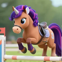 close up ground level shot, a rider on a ( my little pony ) as a horse, the horse jumping a over a hurdle, a horse has a mane and tail like ( my little pony ), digital art, professional, high quality, dof, bokeh, action