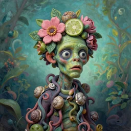 eadshot of a trickster nature zombie, head made of fruit and flowers in the style of arcimboldo, fragonard, covered with tendrils and snail shells, oil painting, ethereal, atmospheric lighting, action figure, clay sculpture, claymation, turquoise pink and green, botanical rainbow backdrop