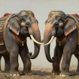 portrait of two armored war - elephants, asian elephant, fight scene, closeup portrait, historical, ethnic decoration, elegant, loin cloth, highly detailed, oil painting, artstation, concept art, matte, sharp focus, illustration, hearthstone, art by earl norem