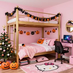 a pink and gold bedroom with halloween themed christmas decorations, loft bed, books, throw rug, cushions, gamer, relaxing, real life, high resolution, kawaii