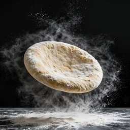 a pizza dough floating in the air on a black background, flour dust spray, backlit, high quality action photography, studio photo, 50mm