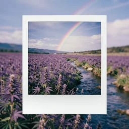 very beautiful polaroid photo of a purple cannabis meadow by a stream on a clear day with a rainbow