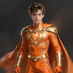 kind teenage archie andrews wearing an orange superhero costume, superhero costume with heart emblem, cape, intricate, elegant, glowing lights, highly detailed, digital painting, artstation, sharp focus, illustration, art by wlop, mars ravelo and greg rutkowski