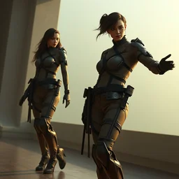a digital concept ar by artgerm and greg rutkowski and alphonse mucha. full body!! t pose!! giorgio morandi color scheme. attractive people in hi - tech uniform. military leg mechanical exoskeleton!! long dancing straps. black metal belt. a high set geometric tailoring clothes. matte painting. octane render. hyper detailed