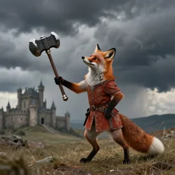 anthropomorphic fox!! who is a medieval knight holding a warhammer towards a stormy thundercloud [ 1 9 3 0 s film still ], ( fantasy castle in the background )