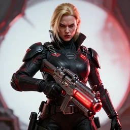 close up of evil futuristic dystopian regime soldier, plasma gun, angry, blonde hair, human, female, concept design, contrast, hot toys, kim jung gi, greg rutkowski, zabrocki, karlkka, jayison devadas, trending on artstation, 8 k, ultra wide angle, pincushion lens effect, red and black color scheme