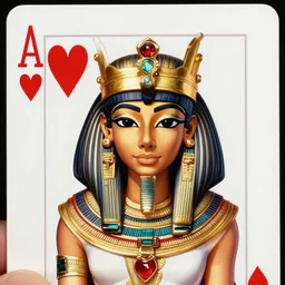beautiful cute egyptian queen of hearts with golden crown, playing card, head shot, photorealistic,, portrait