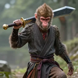 a photo of a monkey carrying a large greatsword, 4 k, realistic, boss, fantasy, unreal engine, creature, japanese robes, menacing, natural lighting