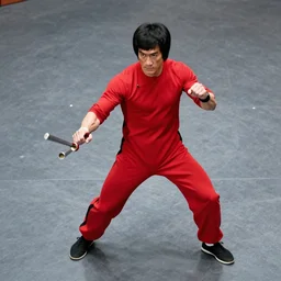 lean, fighter, in a red spandex suit, pose, stance, fight, man, with batons, standing, streetfight, 3 / 4 angle top down, fighting style, top view camera, bruce lee