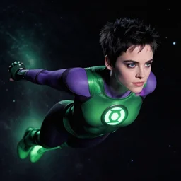 photos of beautiful young actress Winona Ryder as a real life soranik natu soaring thru outer space as a Green Lantern, young Winona Ryder, photogenic, purple skin, short black pixie like hair, photography, studio lighting, cinematic