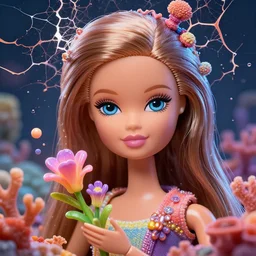 face closeup of beautiful barbi doll like girl, exploding into coral reef and voronoi fractures, 3 d render, hyper realistic detailed portrait, holding magic flowers, ruan jia, wlop. scifi, fantasy, hyper detailed, octane render, concept art, by peter mohrbacher, by wlop, by ruan jia