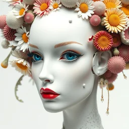 biomechanical beautiful woman portrait with a smooth carved porcelain ivory profile face, futuristic haute couture, iris van herpin, headdress with daisies, colorful puffballs, mushrooms, rhizomorphs, brackets, sponge corals, laser cut lace, red lips, beautiful round blue iris, hyper detailed, ultra sharp, 1 5 0 mm, 8 k, uhd