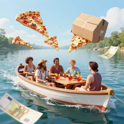 a boat in a lake with flying pizzas, amazon package, team of people drinking negroni, 4 0 euro bill, hyper realistic, art station, octane render