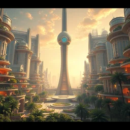 retro exotic city, magnificent multi - level building complex, in the center of the city is a huge tv tower, surrounded by lush gardens, luxurious, gorgeous, zaha hadid architecture, epic big scene, epic composition, wide - angle movie, hayao miyazaki, nausicaa ghibli, marc simonetti 8 k rendering, post - processing - h 1 2 8 0