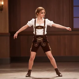 Emma Watson dancing in Lederhosen soft studio lighting, award-winning Mad TV skit.