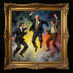 a baroque neoclassicist close - up painting of corporate people jumping out of picture frames. reflective detailed textures. glowing colorful fog, black background. highly detailed fantasy science fiction painting by moebius, norman rockwell, frank frazetta, and syd mead. rich colors, high contrast. artstation