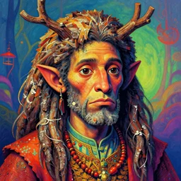 A psychedelic portrait of ritehusk barkfolk inventor, vibrant color scheme, highly detailed, in the style of romanticism, cinematic, artstation, Moebius, Greg rutkowski