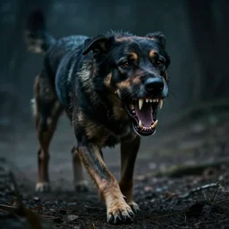 photorealistic dog from nightmare prowling with massive teeth, cinematic dark lighting, still by dariusz zawadzki