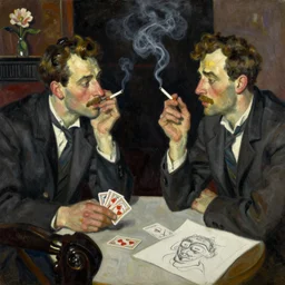 oil painting in the style of john craxton. sailors talking in the shadows of jazz club. cheekbones. looking. strong expressions on faces. smoke. holding cigarettes. playing cards. scratch. strong lighting. brush. single flower. in the style of ivon hitchins. seated figure hands on table. line drawing. high detail.