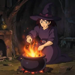 a witch adding ingredients to her cauldron, concept art, ambient lighting lit only by the fires glow, studio Ghibli