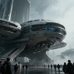 the expanse spaceship, technology, exterior, scifi, cybernetic, darksynth, ultrarealistic, highly detailed, futuristic landscape, industrial, utopian architecture, low angle view, crowds of people, ominous, sharp focus, epic lighting, beautiful, cinematic, by jeremy mann and jan urschel and neil blevins, misty, 8 k