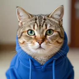 a cat in a blue hoodie, highly detailed, photo realistic,