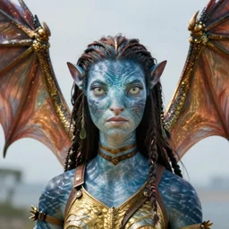 a stunning ultra detailed fantasy fine art portrait photo of a na'vi goddess from avatar movie with dragon wings, by artgerm, karol bak and lisa holloway, arms made of dragon skin, golden ratio composition, 2 4 m lens, deep depth of field, perfect eyes and face, soft lighting, artstation, 8 k