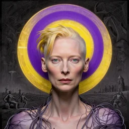 Woman masterpiece, Tilda Swinton, bald, multiple purple halos, yellow, golden halo behind her head, wires everywhere, by Edgar Maxence and Ross Tran, Zdzisław Beksiński, and Michael Whelan, distant, gustav dore, H.R. Giger, 8k, octane render