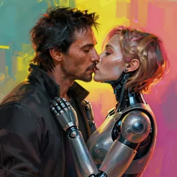a cyberpunk 2077 srcreenshot couple portrait of Keanu Reeves&female android in kiss,love,film lighting,by Laurie Greasley,Lawrence Alma-Tadema,Dan Mumford,artstation,deviantart,FAN ART,full of color,Digital painting,face enhance,highly detailed,8K,octane,golden ratio,cinematic lighting