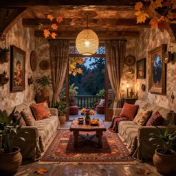 inside interior of a beautifully - decorated bohemian home in the evening, in autumn, featured on artstation, cgsociety, detailed, gorgeous