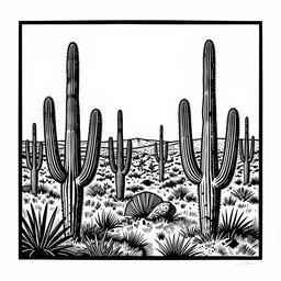 art by brian reedy, a beautiful black ink linocut print of a cactus forest midwest, high plains, 8 k, frostbite 3 engine, cryengine, ground level shot, dof, trending on artstation, digital art, crepuscular ray