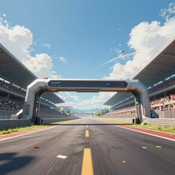 low angle wide angle shot worms eye view angled up of a realistic futuristic vehicle racetrack finish line with confetti on a sunny day with a clear blue cloudy sky, cyberpunk, digital painting, good value control, crowded stands, rule of thirds, golden ratio, horizon line focus, sharp focus, fourze, realistic textures, 8 k