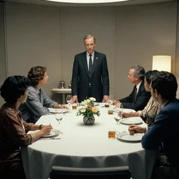 a dinner scene with Ripley and 6 other people in a round table within the Nostromo by Ridley Scott, Alien movie, grainy, bluish and cream tones
