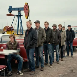 waiting in line for crude oil by simon stalenhag and gil elvgren and tom bagshaw and marc simonetti and jan miense molenaer and arthur adams, slums, diner scene, highly detailed, hyperrealism