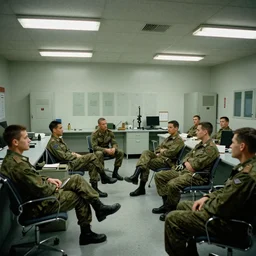 filmic extreme wide shot movie still 4 k uhd interior 3 5 mm film color photograph of a group of soldiers relaxing in a break room in a secret military lab having a conversation