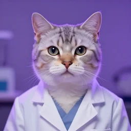 closeup portrait of a cat scientist in white clothes. purple lighting, soft, smooth. fantasy, digital painting, hd, 4 k, detailed.