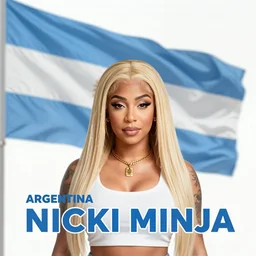 Argentina presidential rally advertisement, detailed Nicki Minaj forefront and a blurred Argentine flag waving behind her